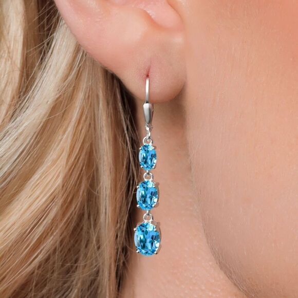 925 Sterling Silver with 6.10 Cttw 3 Stone Swiss Blue Topaz Leverback Earrings - Picture 2 of 5